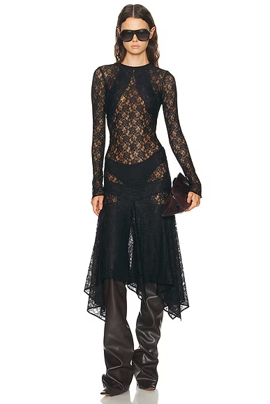Long Sleeve Lace Midi Dress Black