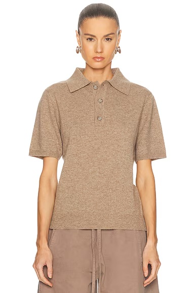 Short Sleeve Knit Polo Top Camel