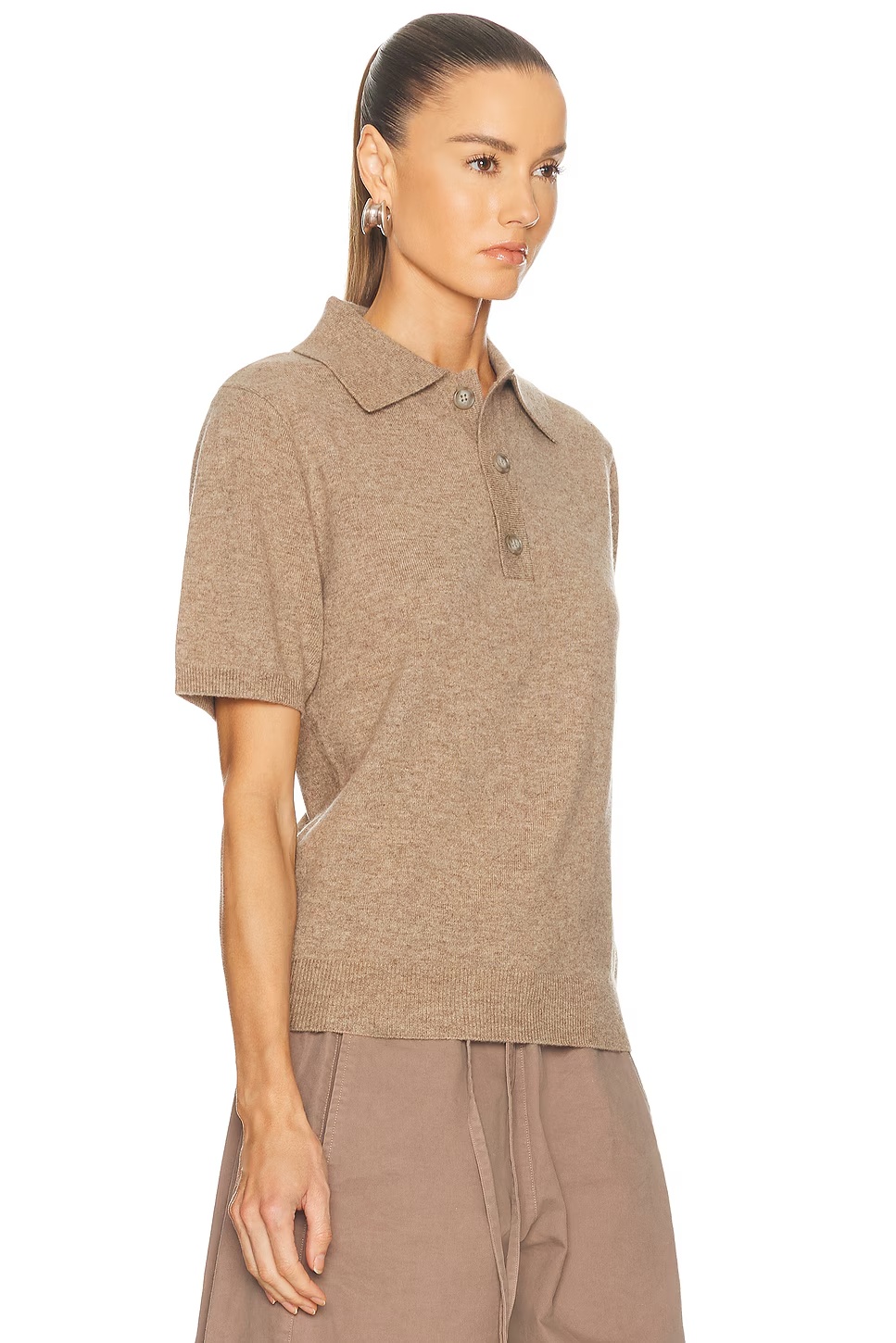Short Sleeve Knit Polo Top Camel