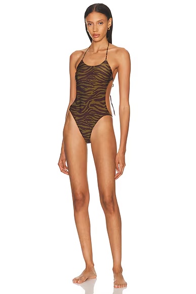 Zebra Printed One Piece Swimsuit Dark Green & Dark Brown