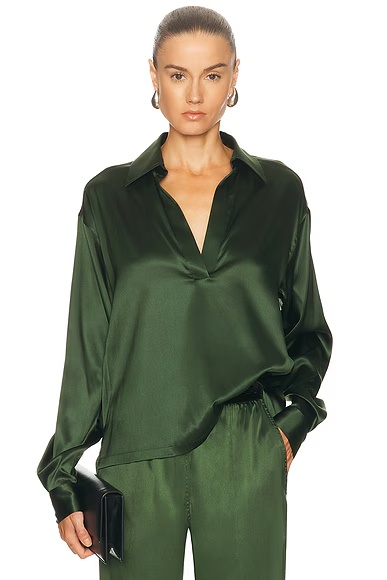 Satin Polo Top Moss Green