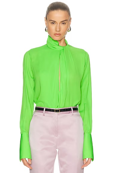 Silk Georgette Long Sleeve Blouse Green Flash