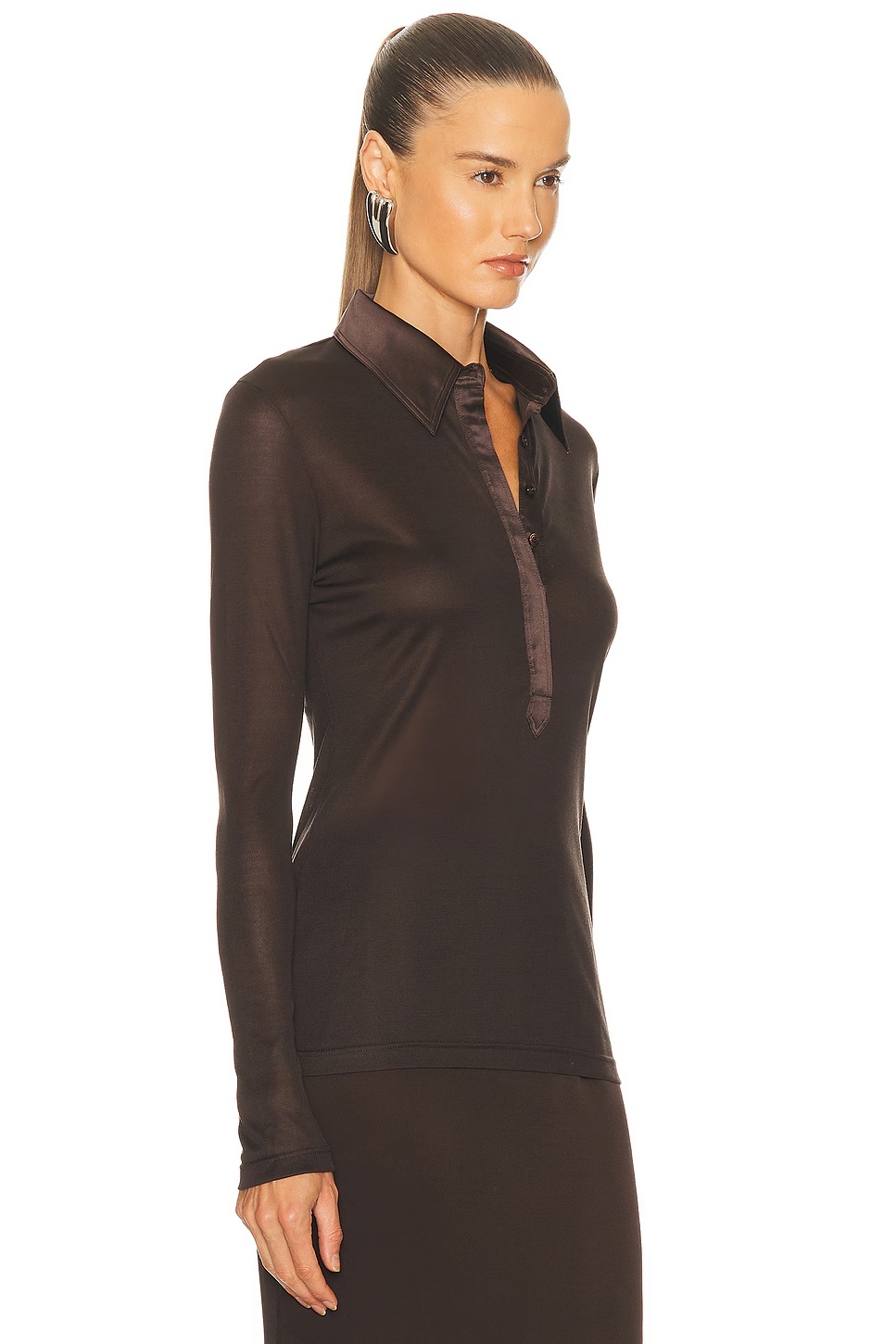 Long Sleeve Polo Top Brown