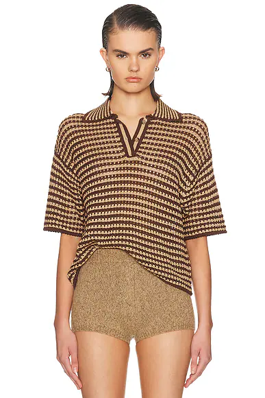 Short Sleeve Polo Top Chocolate Stripe
