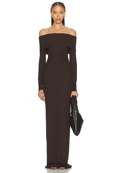 Long Sleeve Off Shoulder Maxi Dress Espresso