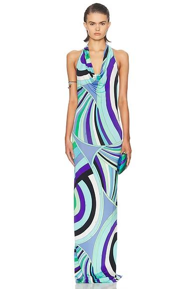 Cowl Neck Maxi Dress in Verde/lilla Verde & Lilla