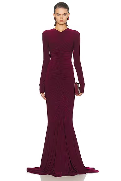 Long Sleeve V Neck Shirred Front Fishtail Gown Plum