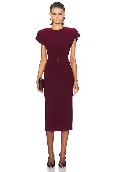 Cap Sleeve Shoulder Pad Peplum Midcalf Dress Plum