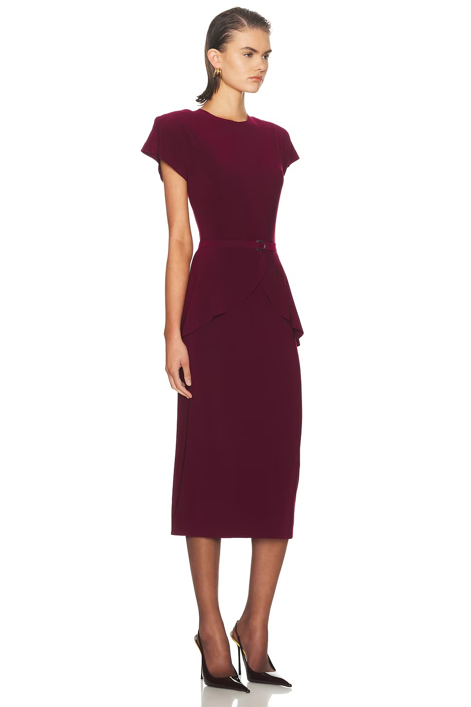 Cap Sleeve Shoulder Pad Peplum Midcalf Dress Plum
