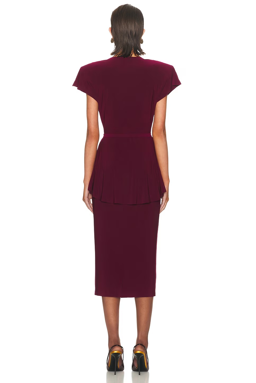 Cap Sleeve Shoulder Pad Peplum Midcalf Dress Plum