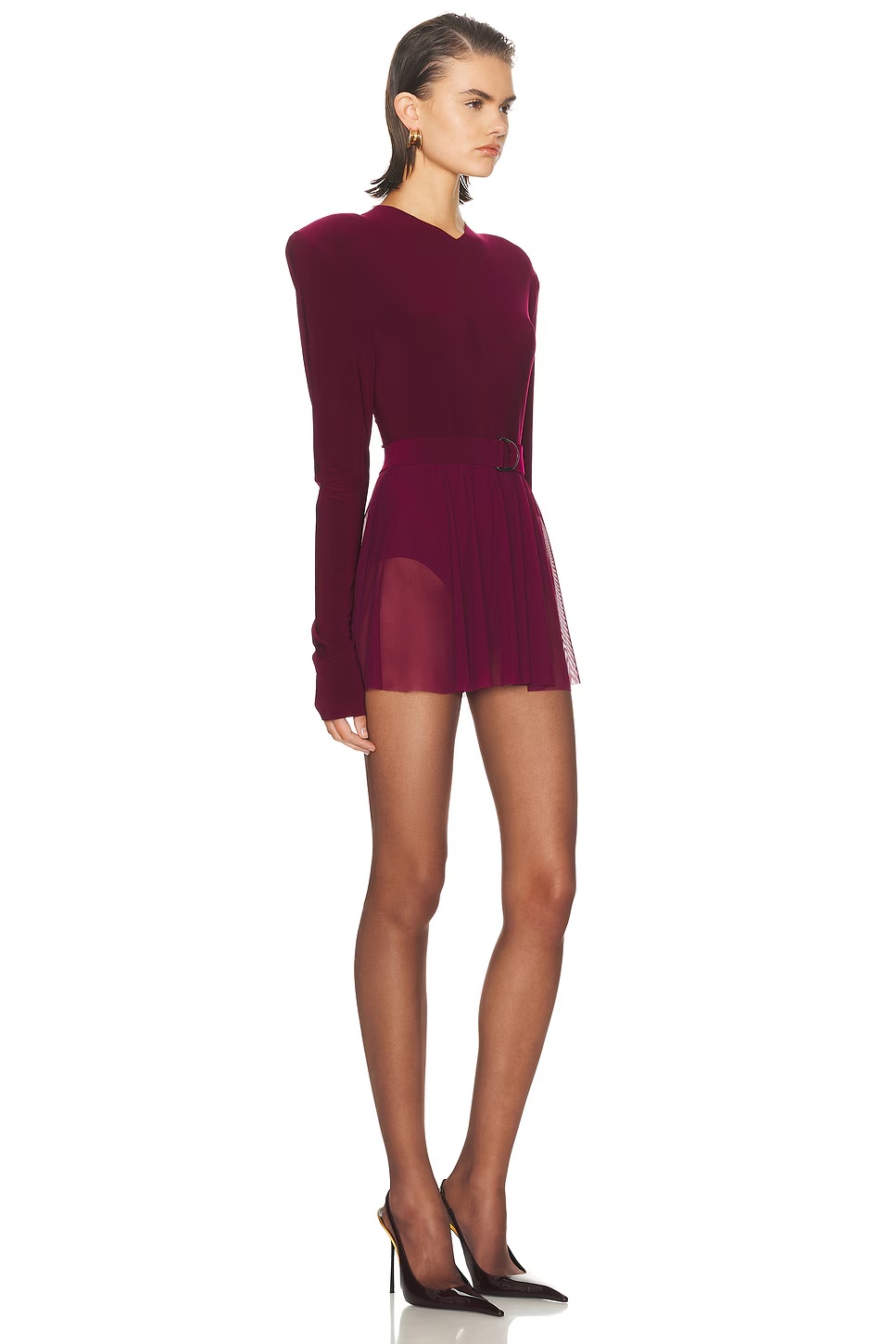 Long Sleeve Shoulder Pad V Neck Flared Pickleball Dress Plum