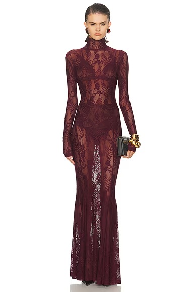 Long Sleeve Turtleneck Fishtail Gown Plum