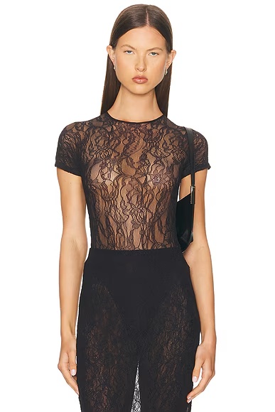 Lace Cap Sleeve Bodysuit Black