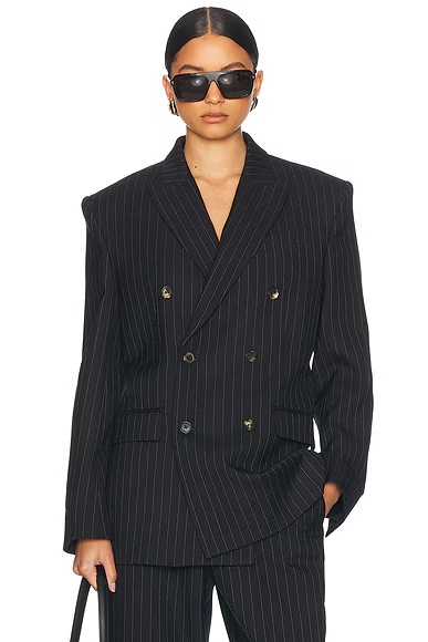 Double Breasted Blazer Black Pinstripe