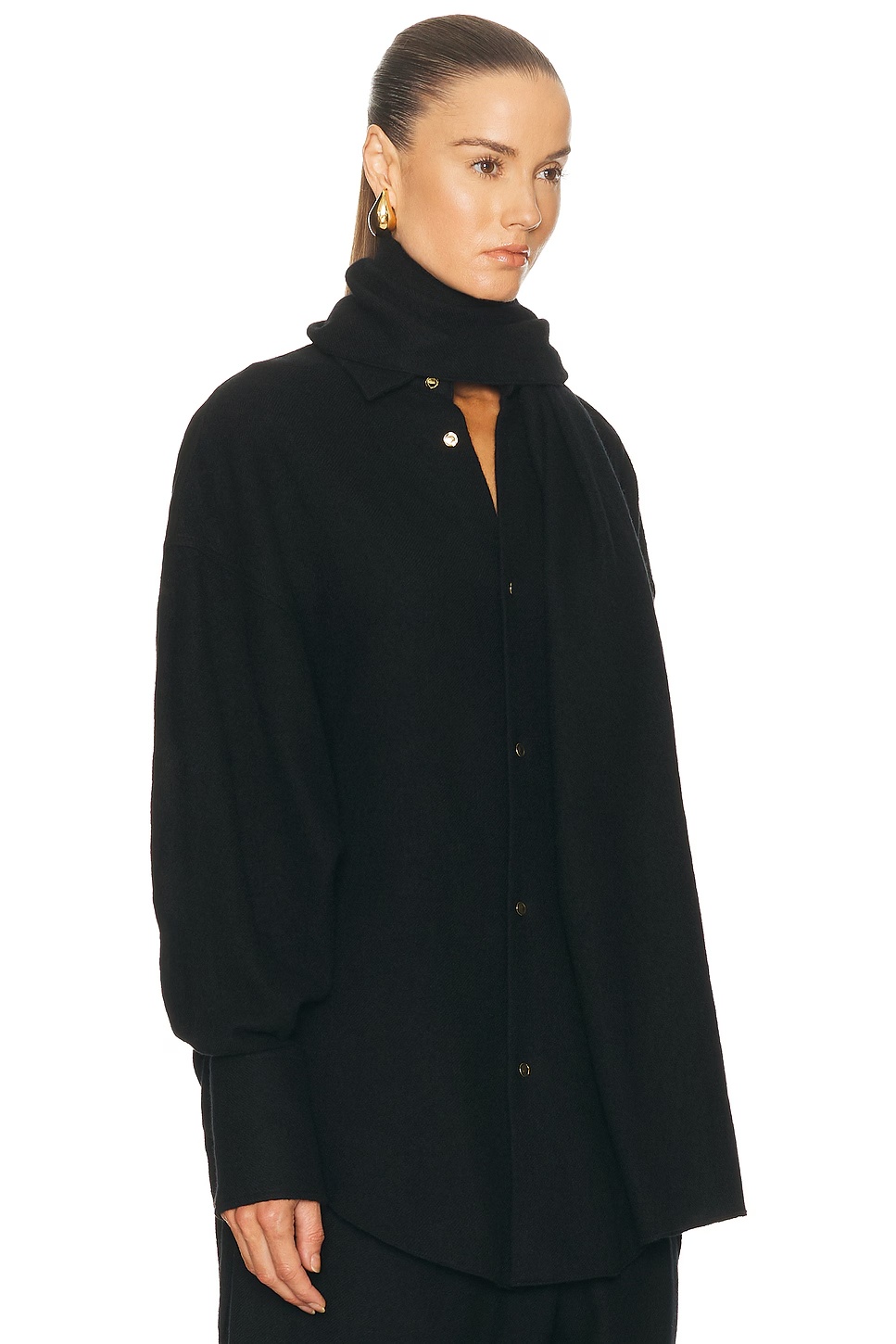 Georgia Detachable Scarf Japanese Light Wool Shirt Black