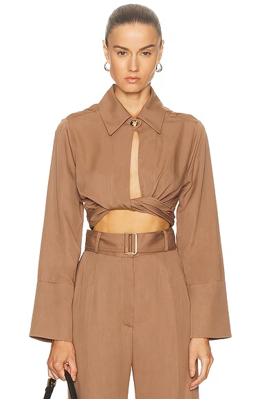 Collared Long Sleeve Wrap Top Mocha Lyocell