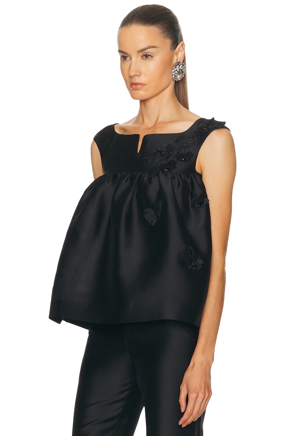 Notched Fluffy Sleeveless Top Black