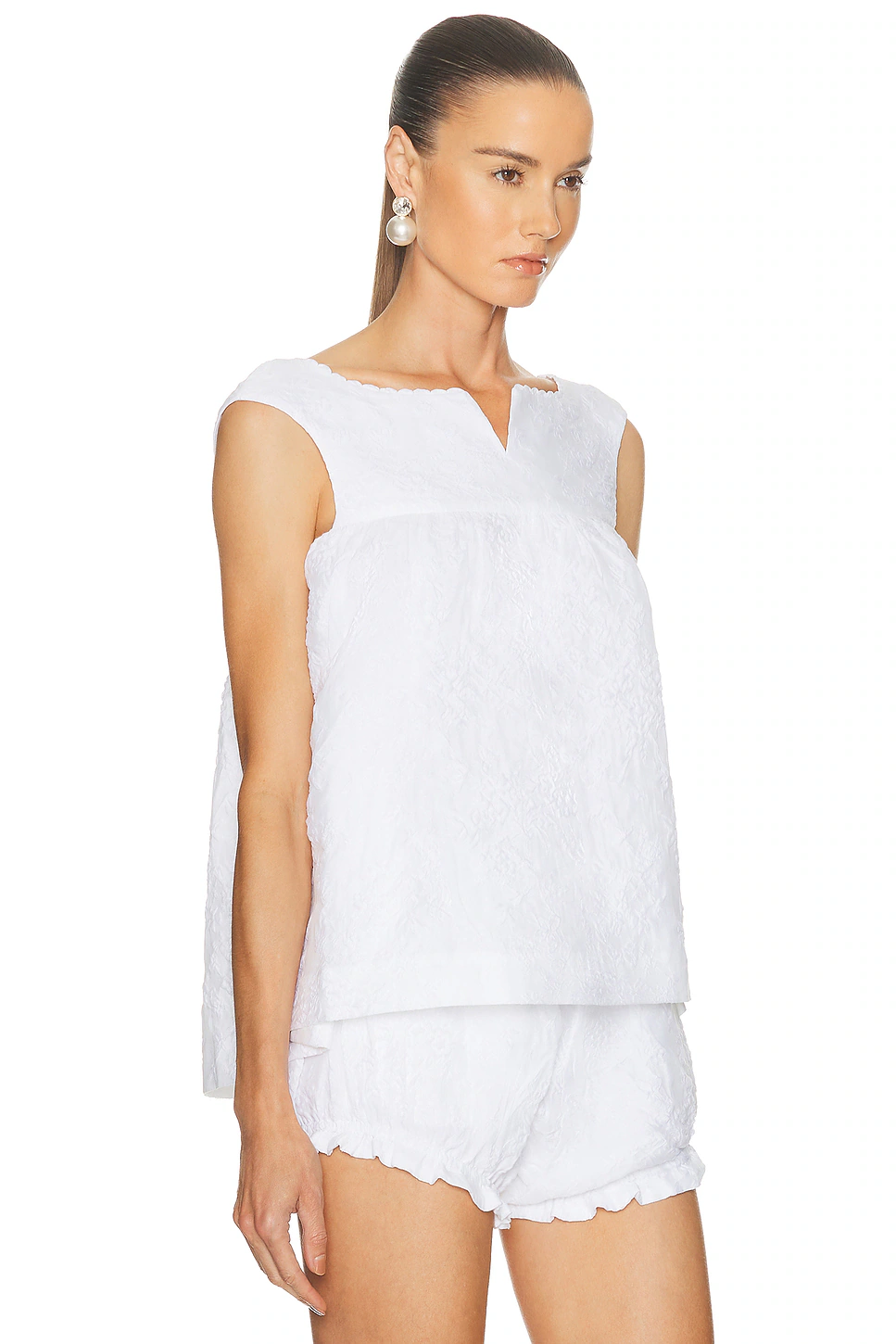 Notched Fluffy Sleeveless Top White