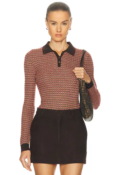 Chevron Long Sleeve Shrunken Polo Top Burnt Cocoa Combo