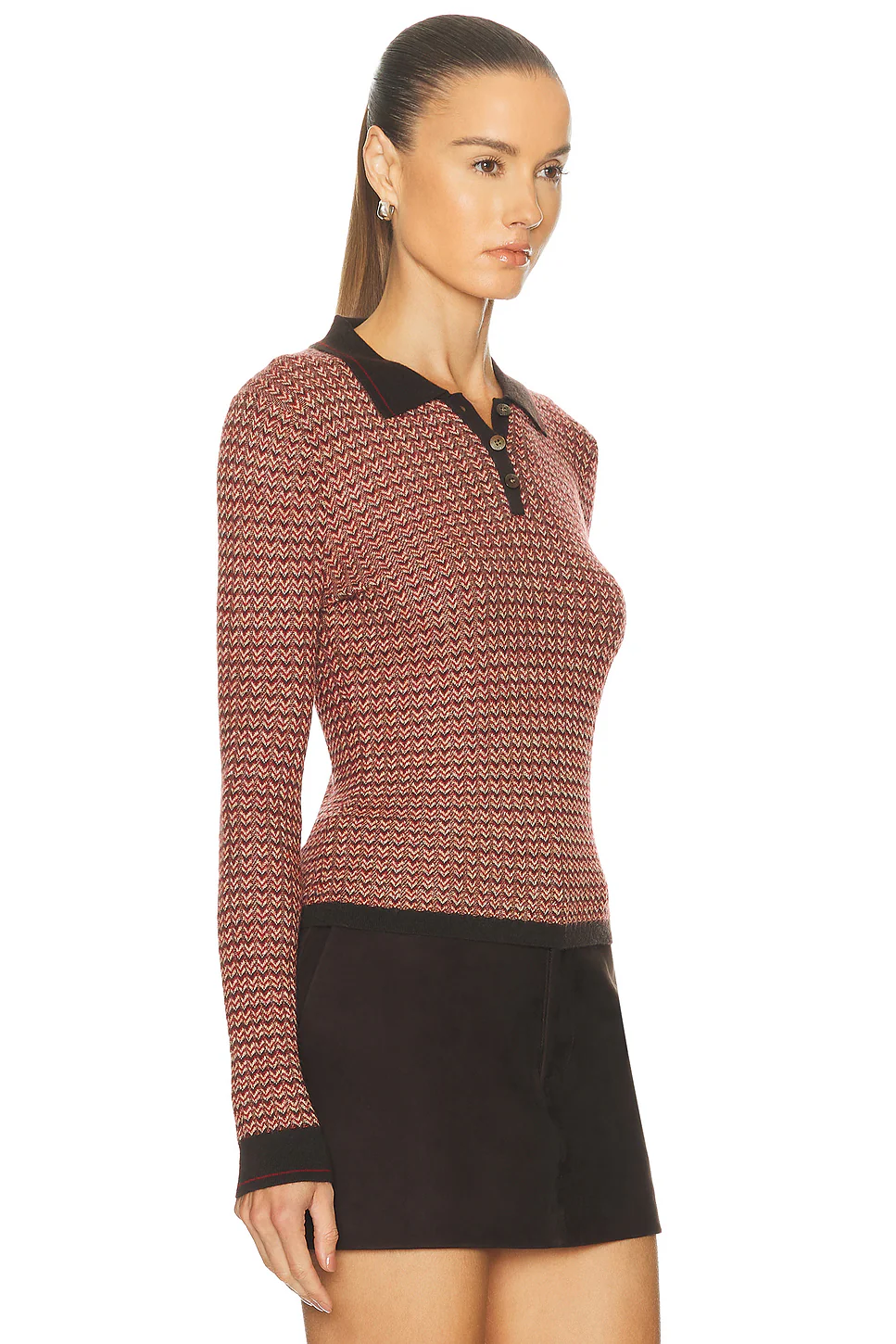Chevron Long Sleeve Shrunken Polo Top Burnt Cocoa Combo