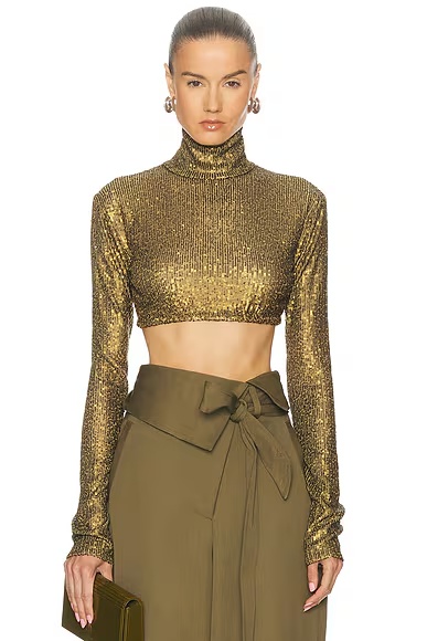 Long Sleeve Slim Fit Turtleneck Cropped Top Bark
