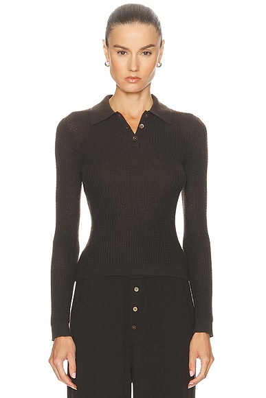Long Sleeve Shrunken Polo Top Burnt Cocoa