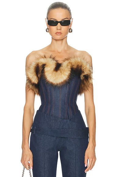Detachable Faux Fur Trim Corset Top Indigo & Brown
