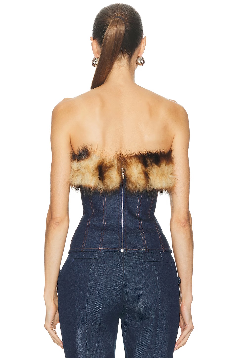 Detachable Faux Fur Trim Corset Top Indigo & Brown