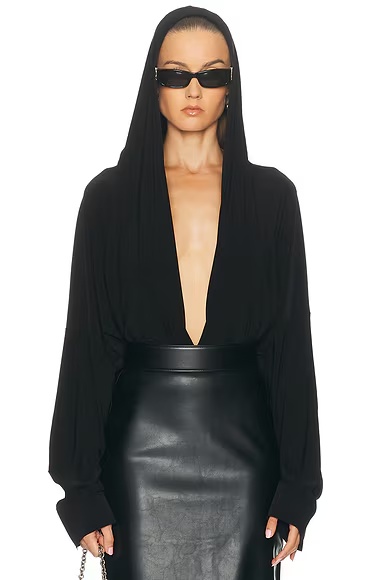 Hooded Super Oversized Boyfriend Shirt Bodysuit Black