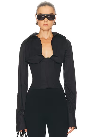 Long Sleeve Collared Corset Top Black