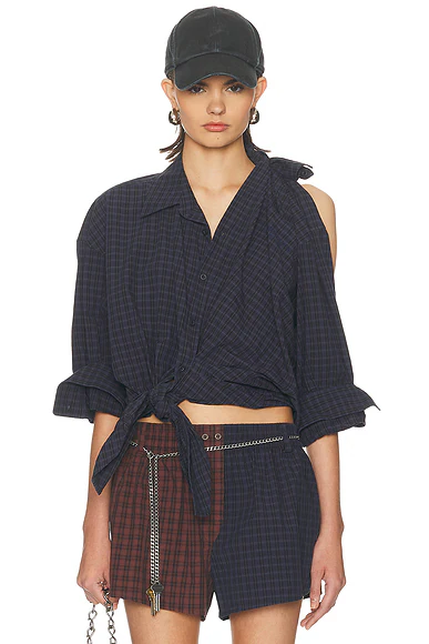 Knotted Button Down Shirt Smog Navy Plaid