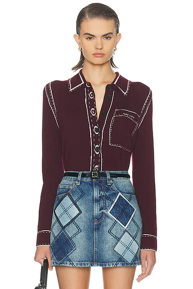Trompe Loeil Button Down Top Dark Plum & Ivory