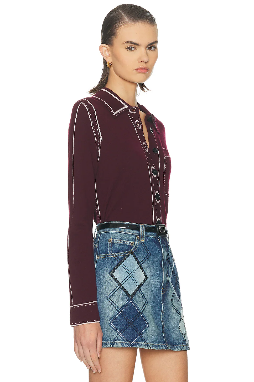 Trompe Loeil Button Down Top Dark Plum & Ivory