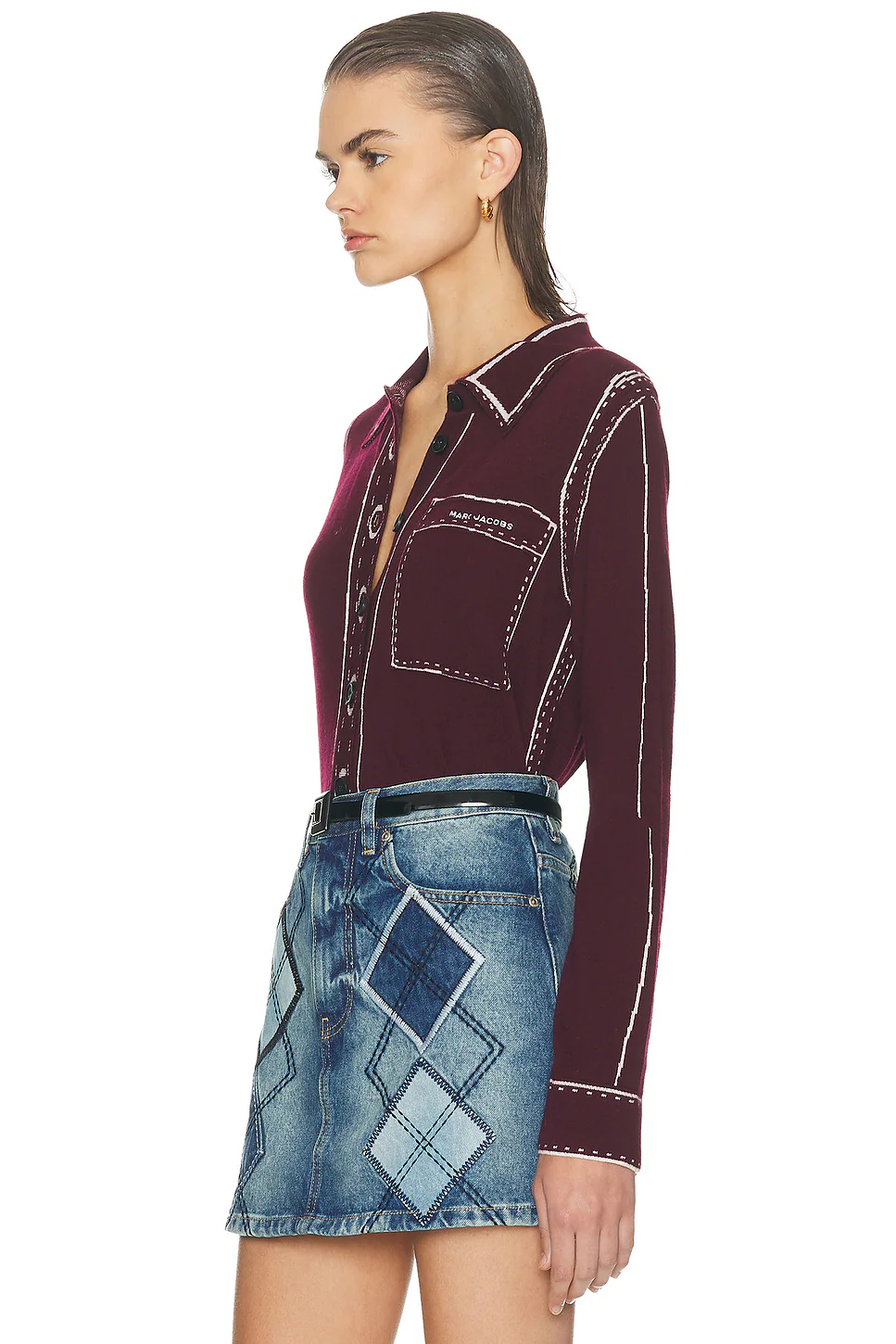 Trompe Loeil Button Down Top Dark Plum & Ivory