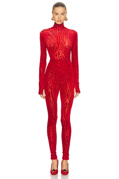 Animal Print Burnout Catsuit Red