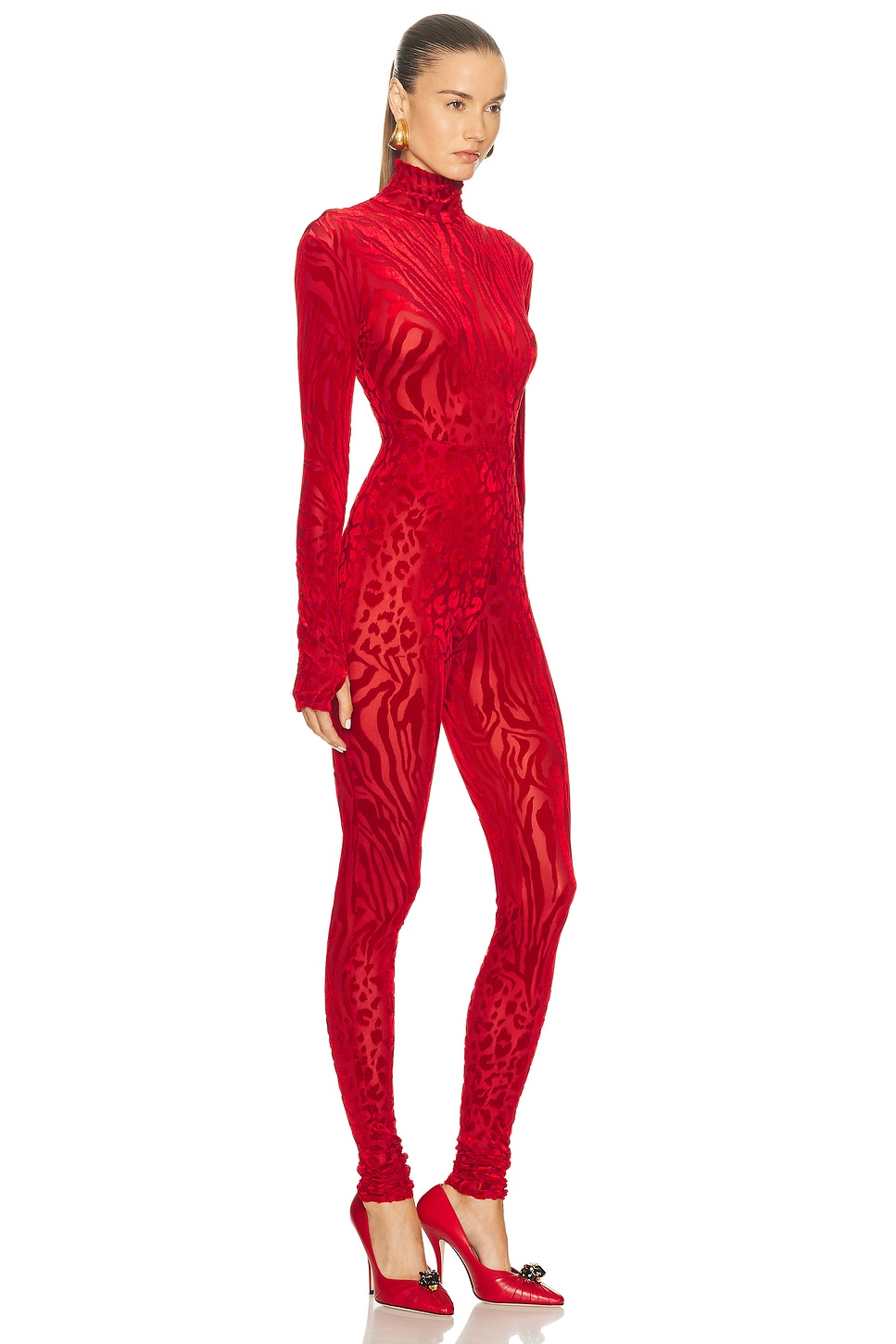 Animal Print Burnout Catsuit Red