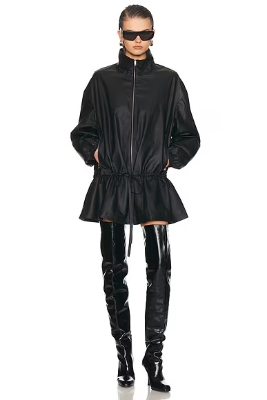 Drop Waist Leather Parka Black