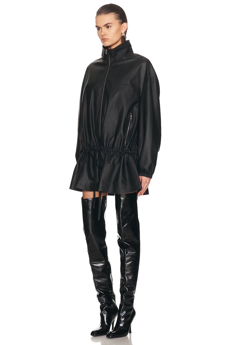 Drop Waist Leather Parka Black