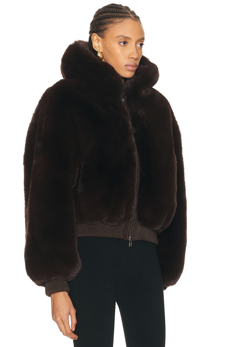 Ski Faux Fur Shrunken Zip Up Jacket Espresso