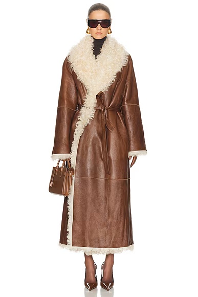 Long Belted Shearling Reversible Coat Brown