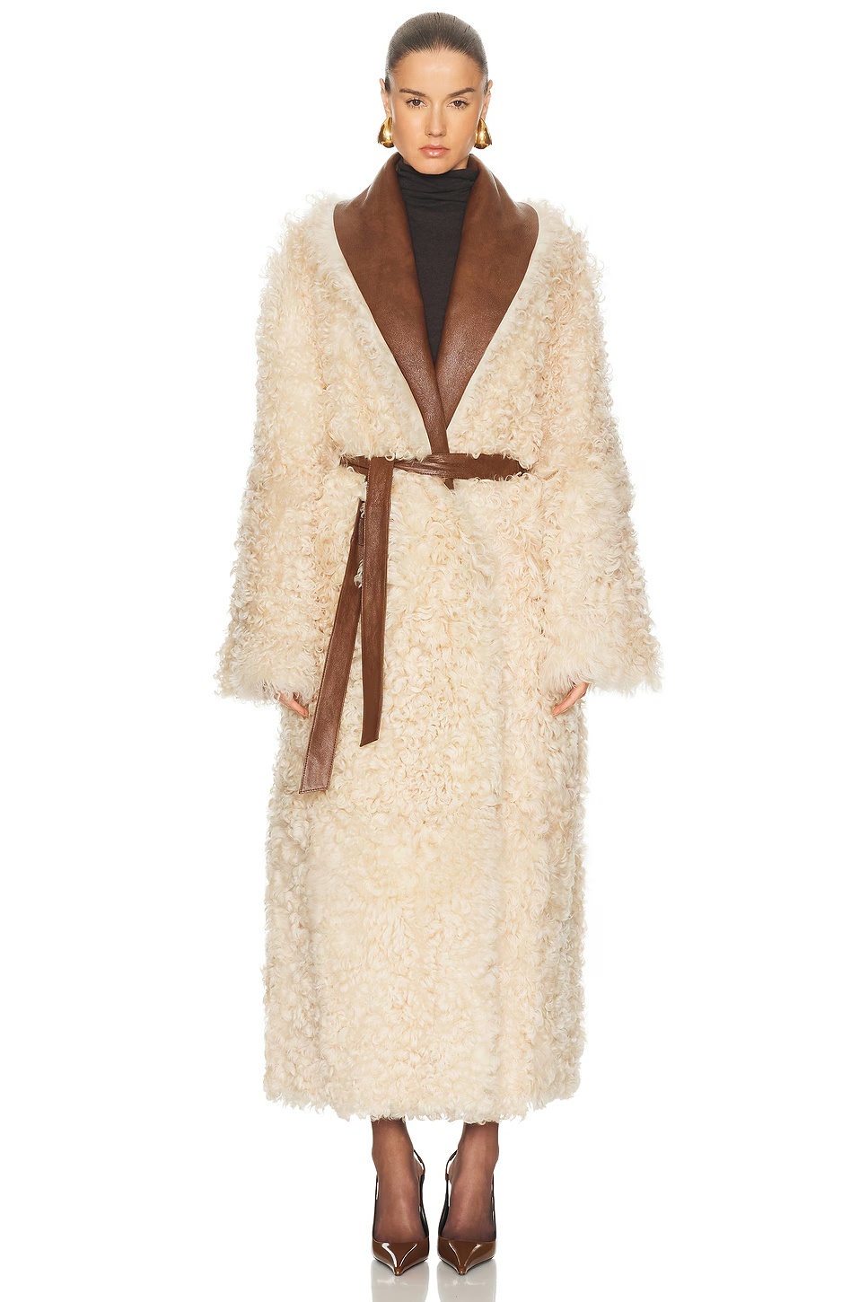 Long Belted Shearling Reversible Coat Brown