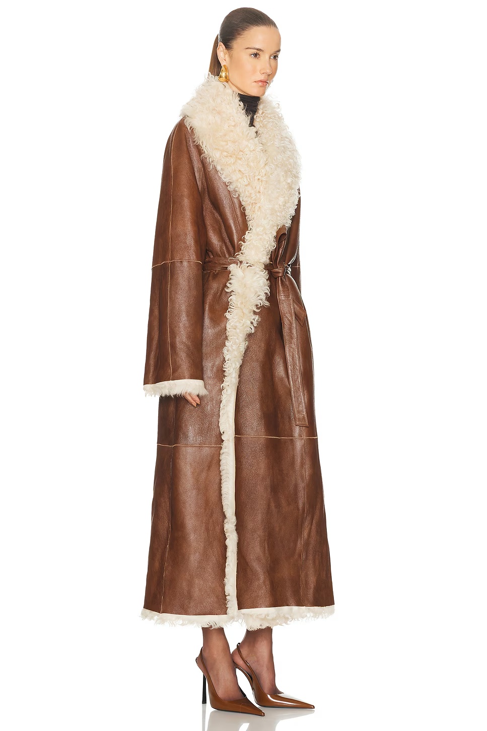 Long Belted Shearling Reversible Coat Brown