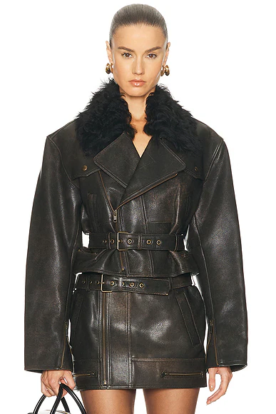 Cropped Leather Biker Jacket Dark Brown