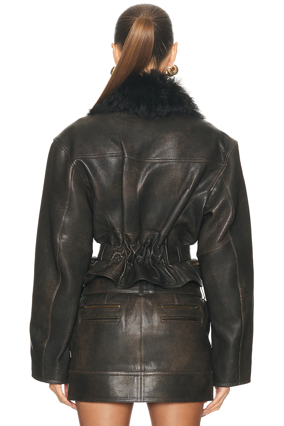 Cropped Leather Biker Jacket Dark Brown