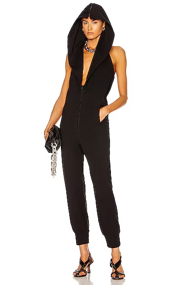 Halter Zip Hood Hoodie Jog Jumpsuit Black