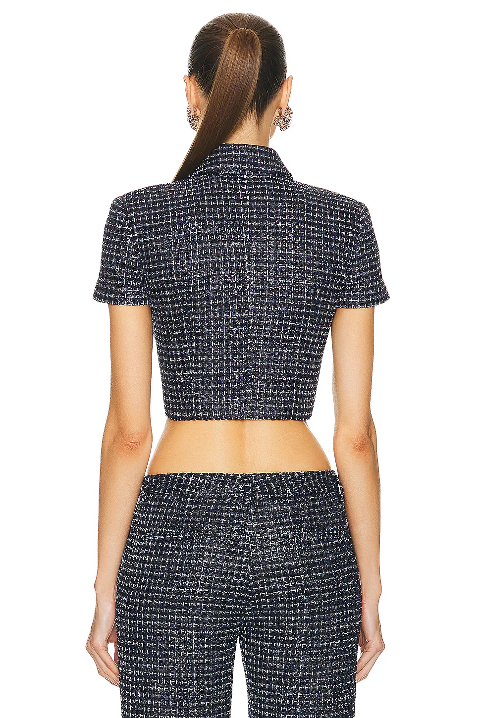 Sequin Checked Tweed Cropped Jacket Dark Blue