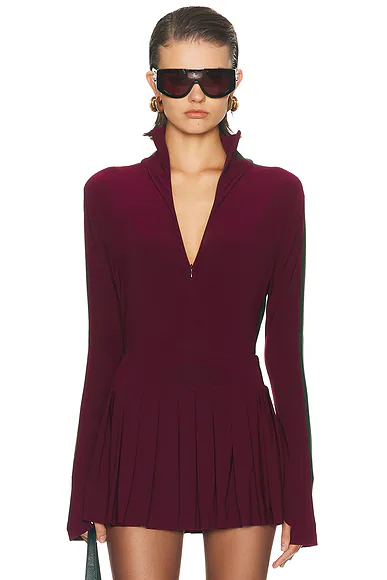 Side Stripe Zip Front Long Sleeve Turtleneck Bodysuit Plum & Dark Emerald