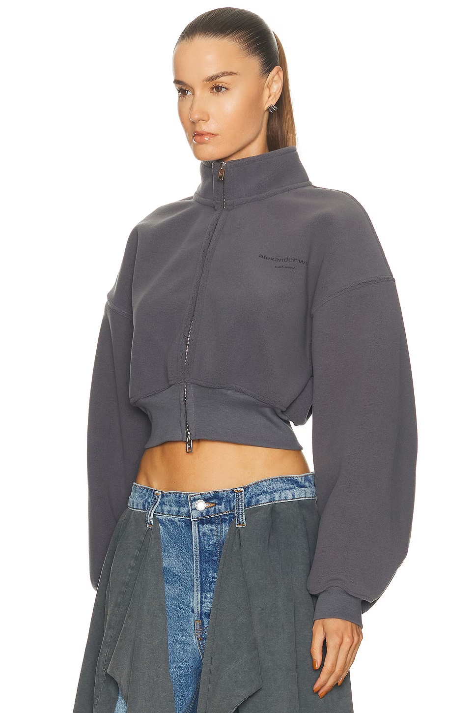 Cropped Mock Neck Zip Up Jacket Alloy