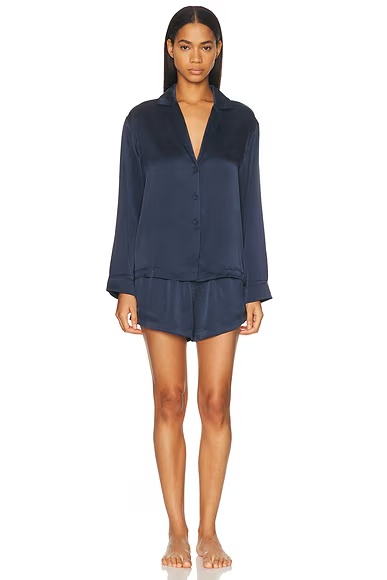 Washable Silk Button Up Long Sleeve Short Pajama Set Deep Blue