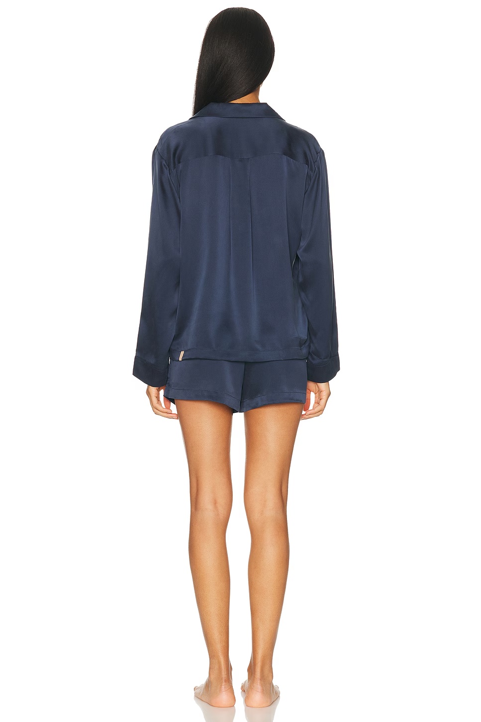 Washable Silk Button Up Long Sleeve Short Pajama Set Deep Blue